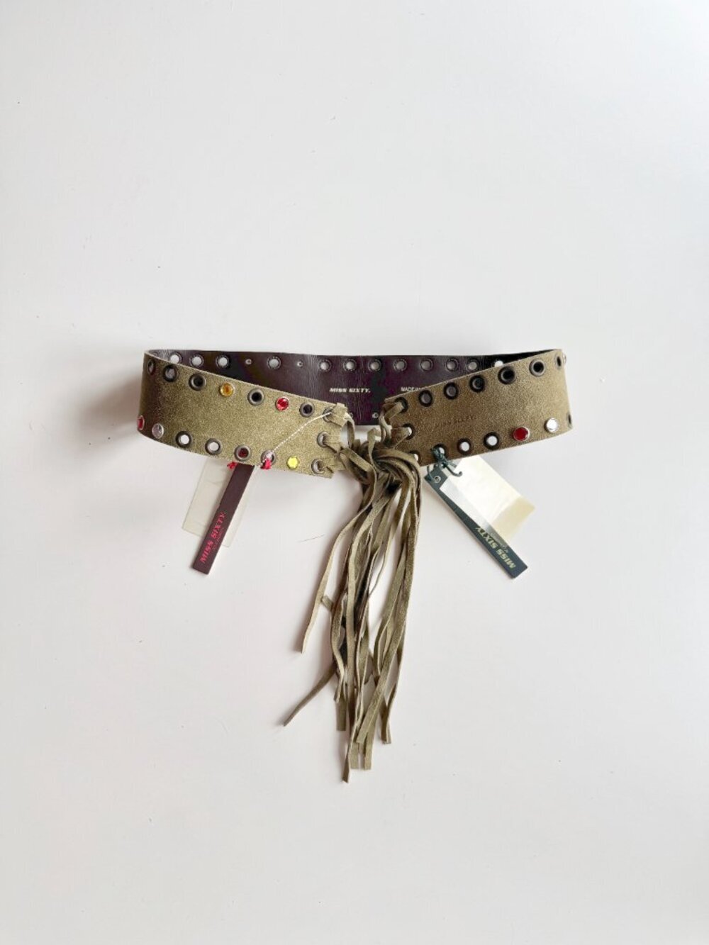 NWT MISS SIXTY 00s Y2K Ellie Green Suede Grommet Crystal Studded Fringe Belt